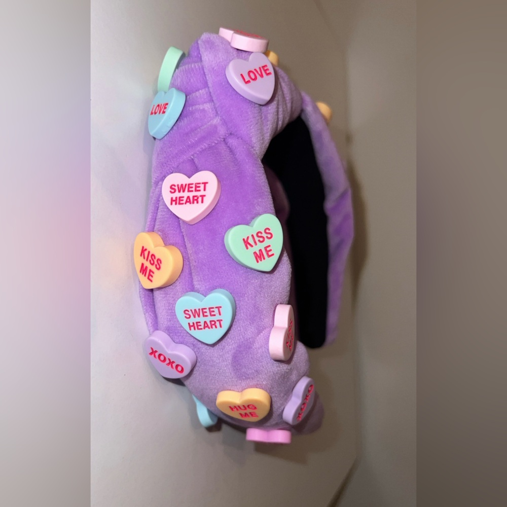 Purple candy heart Handmade sewn Valentine’s Day knot knotted velvet headband